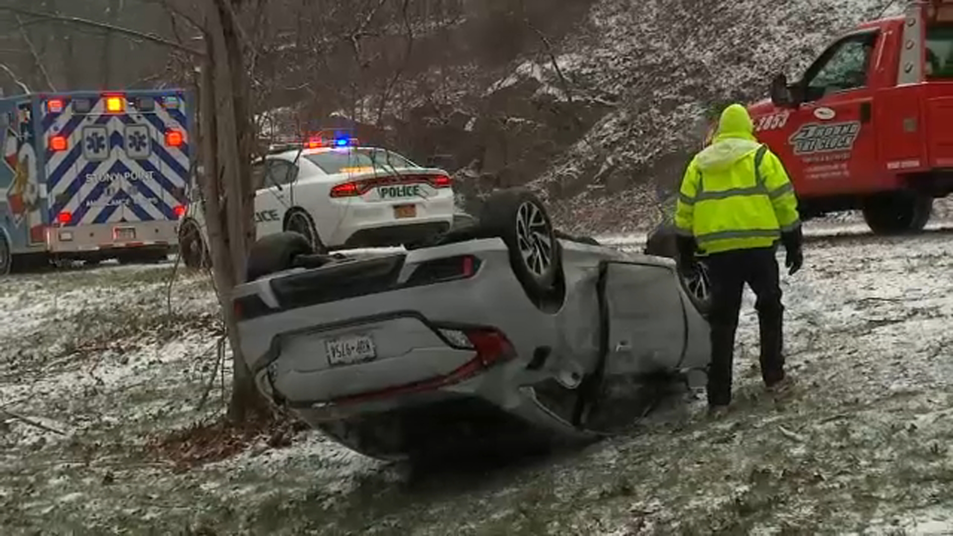 Slick road conditions cause car to overturn on Palisades Parkway