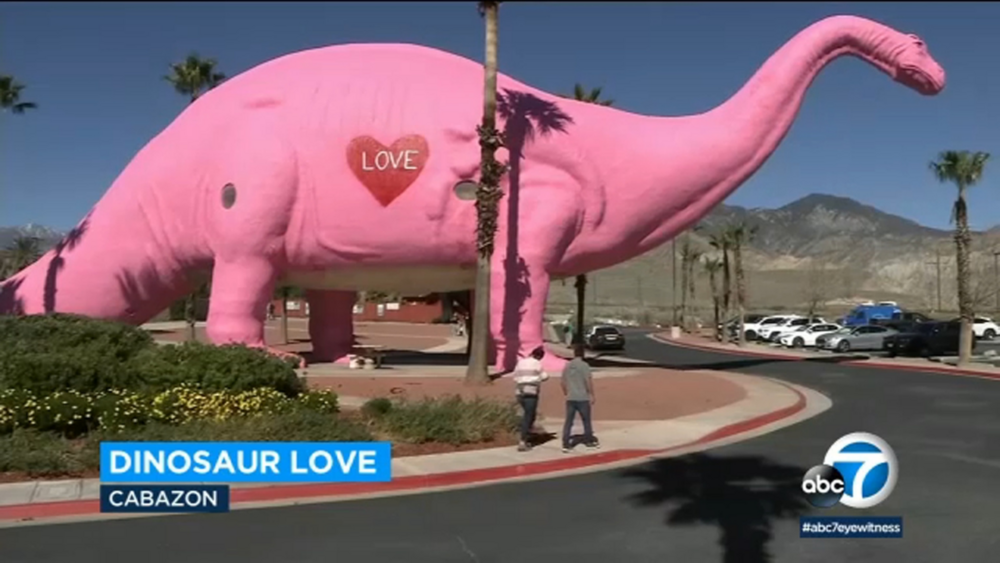 Cabazon Dinosaurs decorated for Valentine's Day
