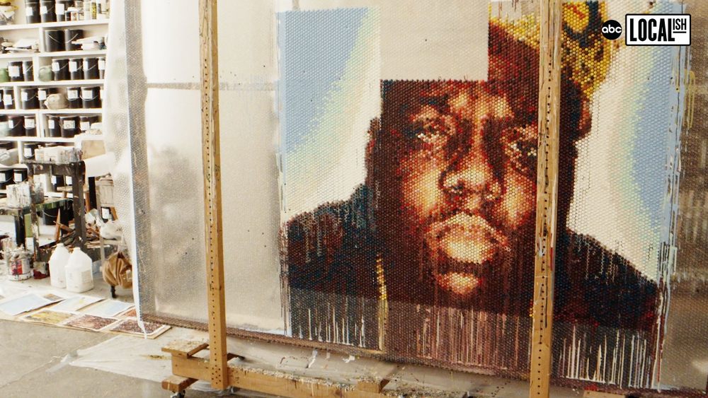 Celebrity portraits made entirely out of bubble wrap