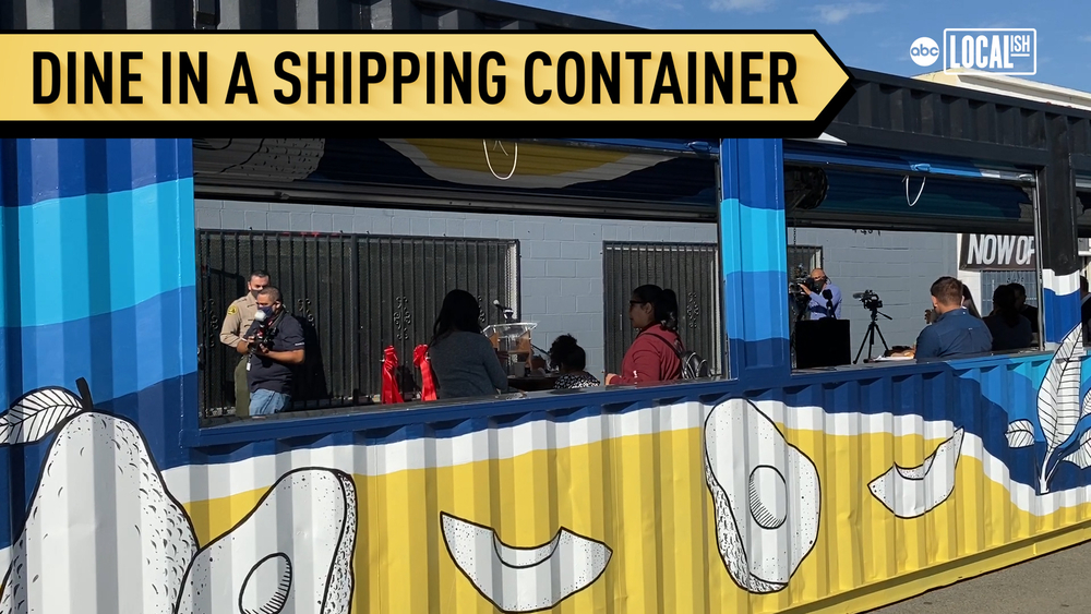 Shipping containers repurposed for outdoor dining