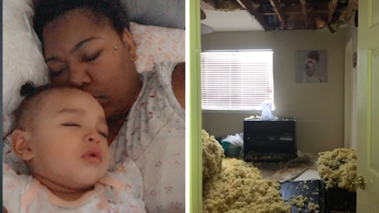 Ceiling falls on mom and 6-month-old baby after pipes burst