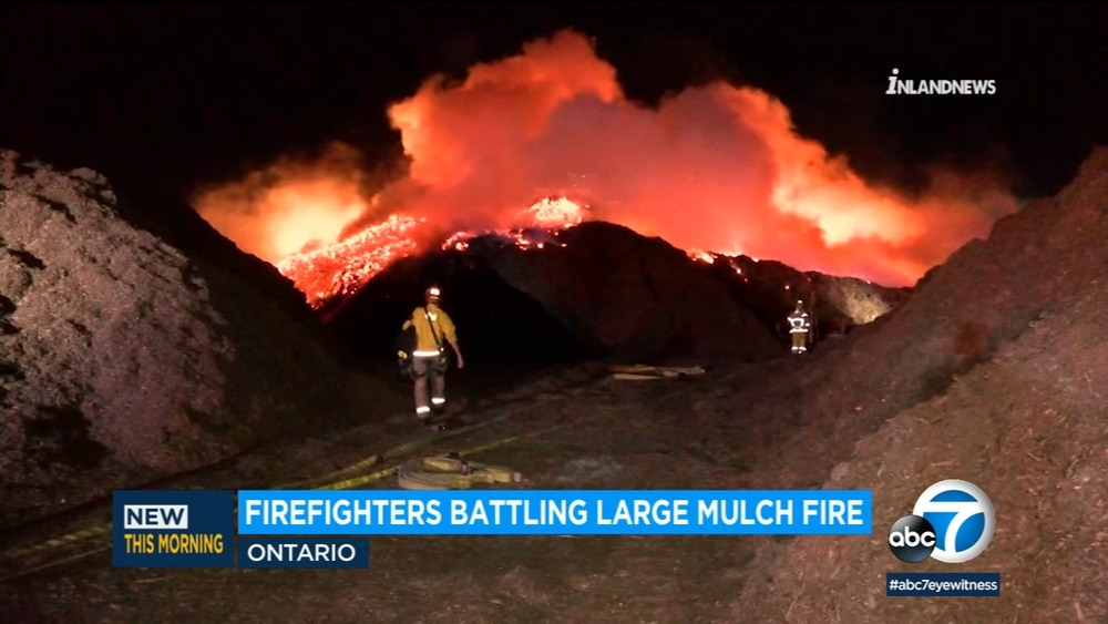 Wind-driven mulch fire raging in Ontario