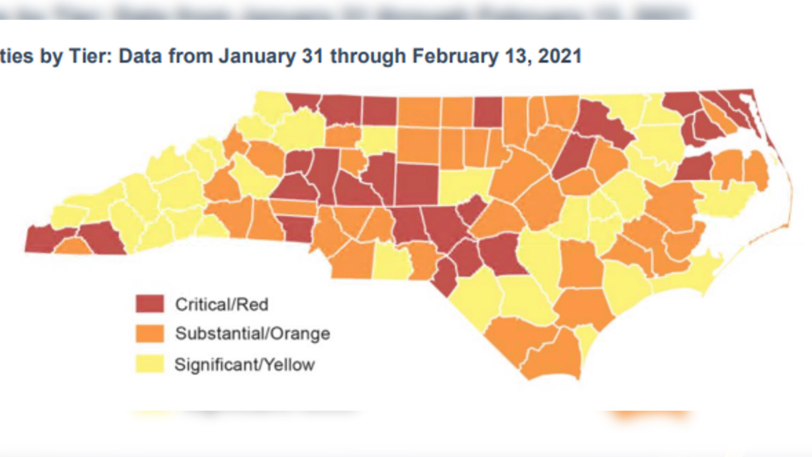 The North Carolina Department of Health and Human Services on Monday updated the COVID-19 County Alert System. The latest map shows 27 counties are currently in the red - a decrease from 61 red counties on the previous report.