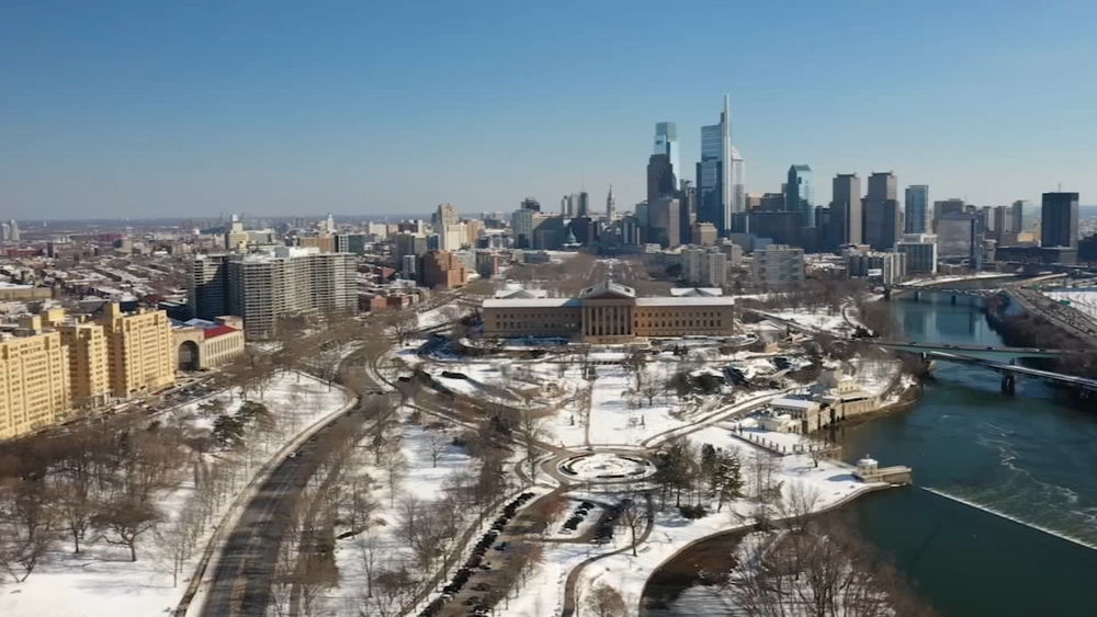 Drone 6 with view of snowy Philadelphia from Fairmount Park