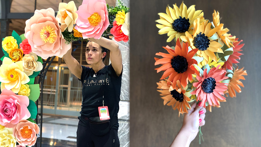 Woman makes beautiful flower arrangements with paper