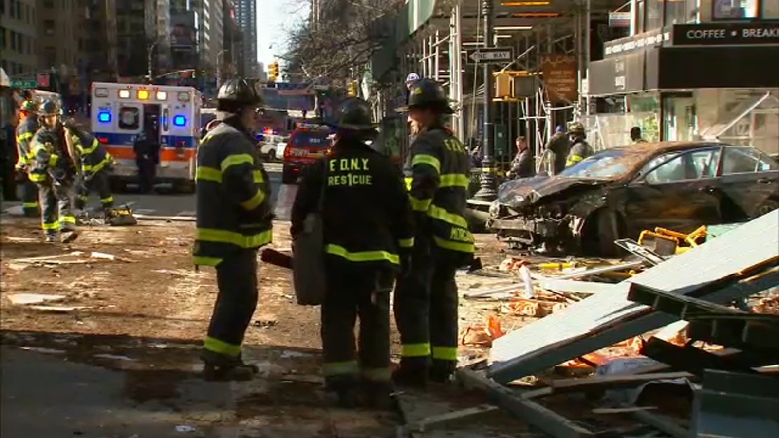 7 hurt when van crashes into outdoor dining area, bus stop ...