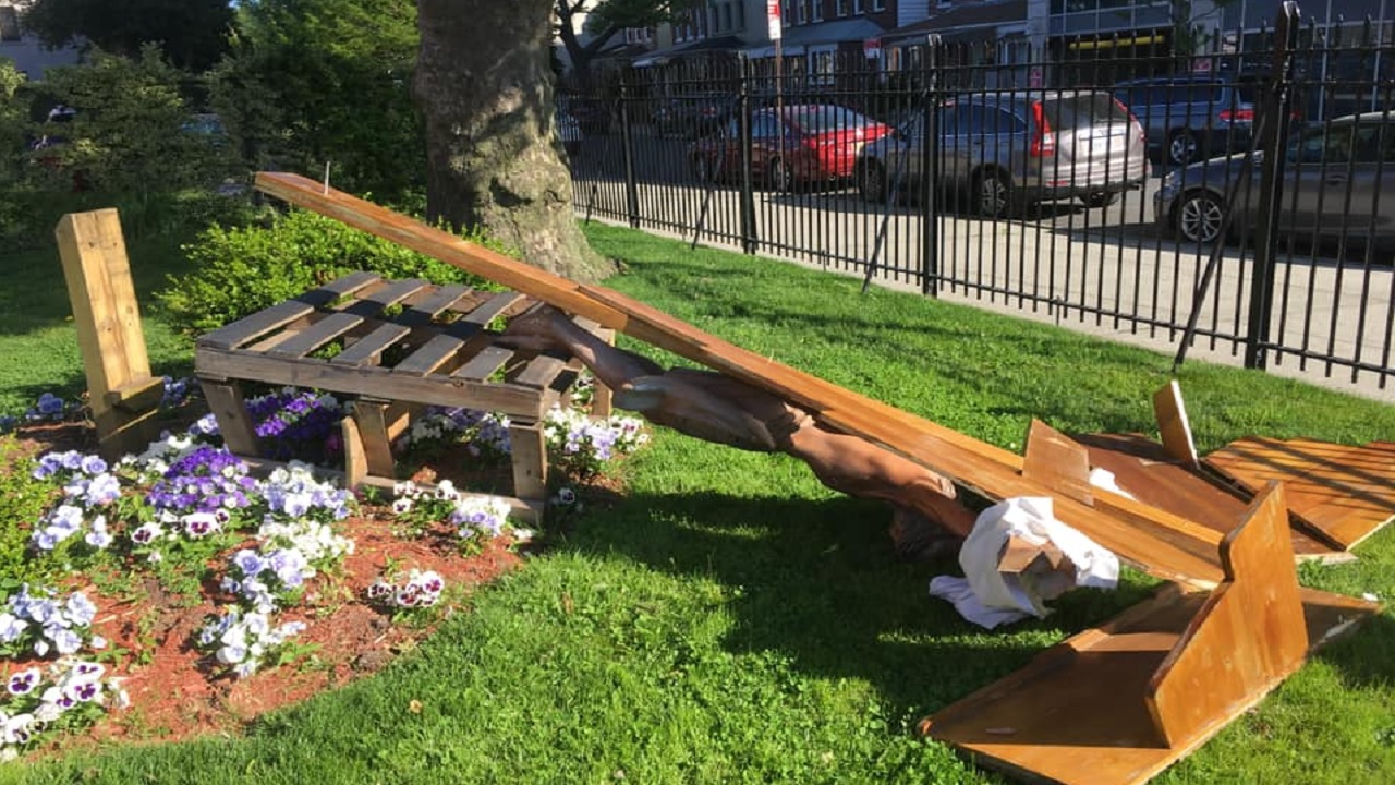Statue, display vandalized outside Brooklyn church