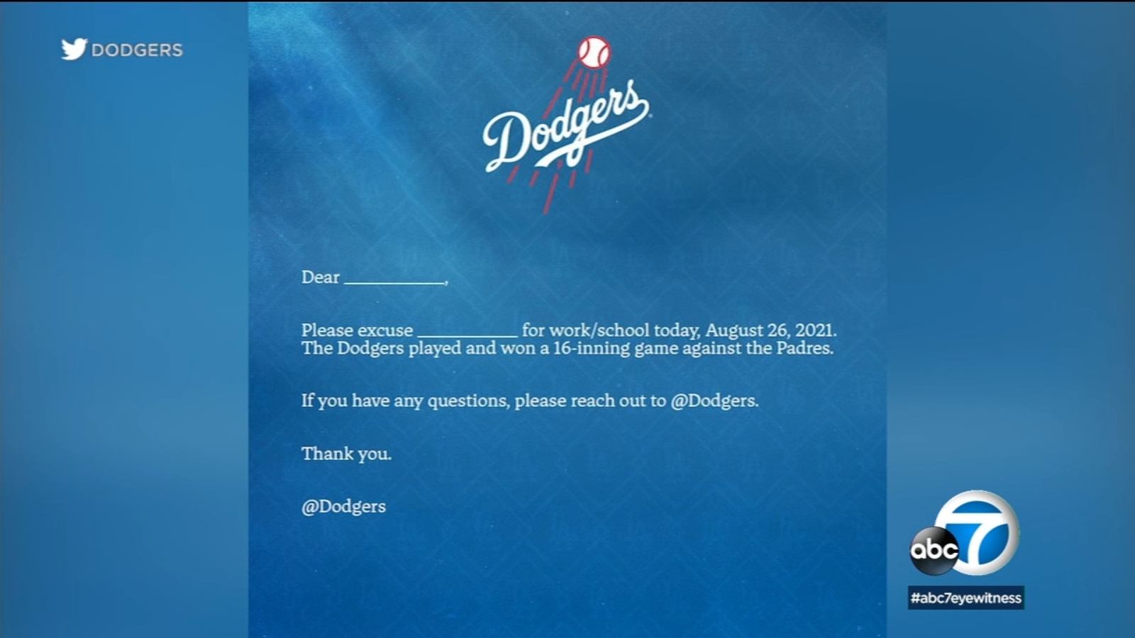Dodgers offer excuse note to fans after epic, 16inning win over Padres