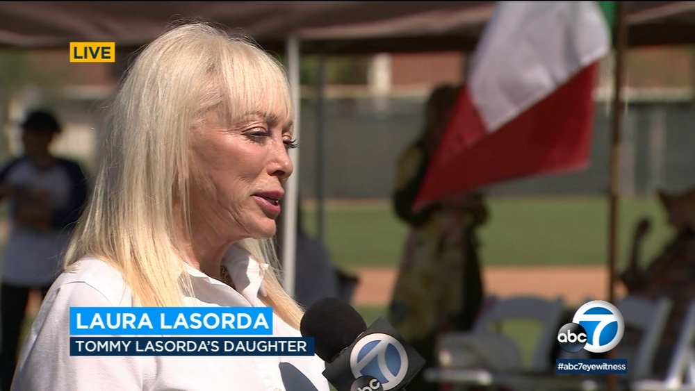 Laura Lasorda talks to ABC7 on Tommy Lasorda Day in Fullerton