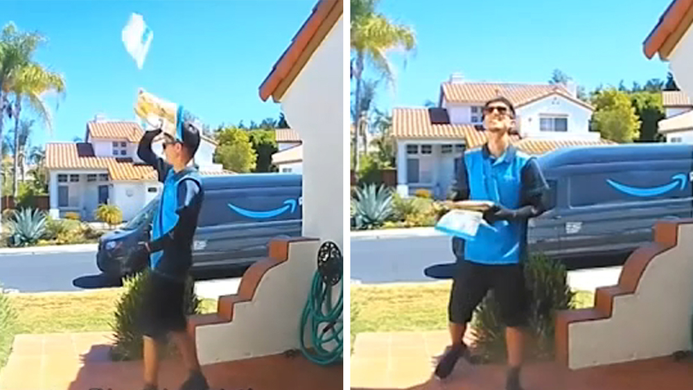 Video shows delivery driver accidentally toss package onto roof