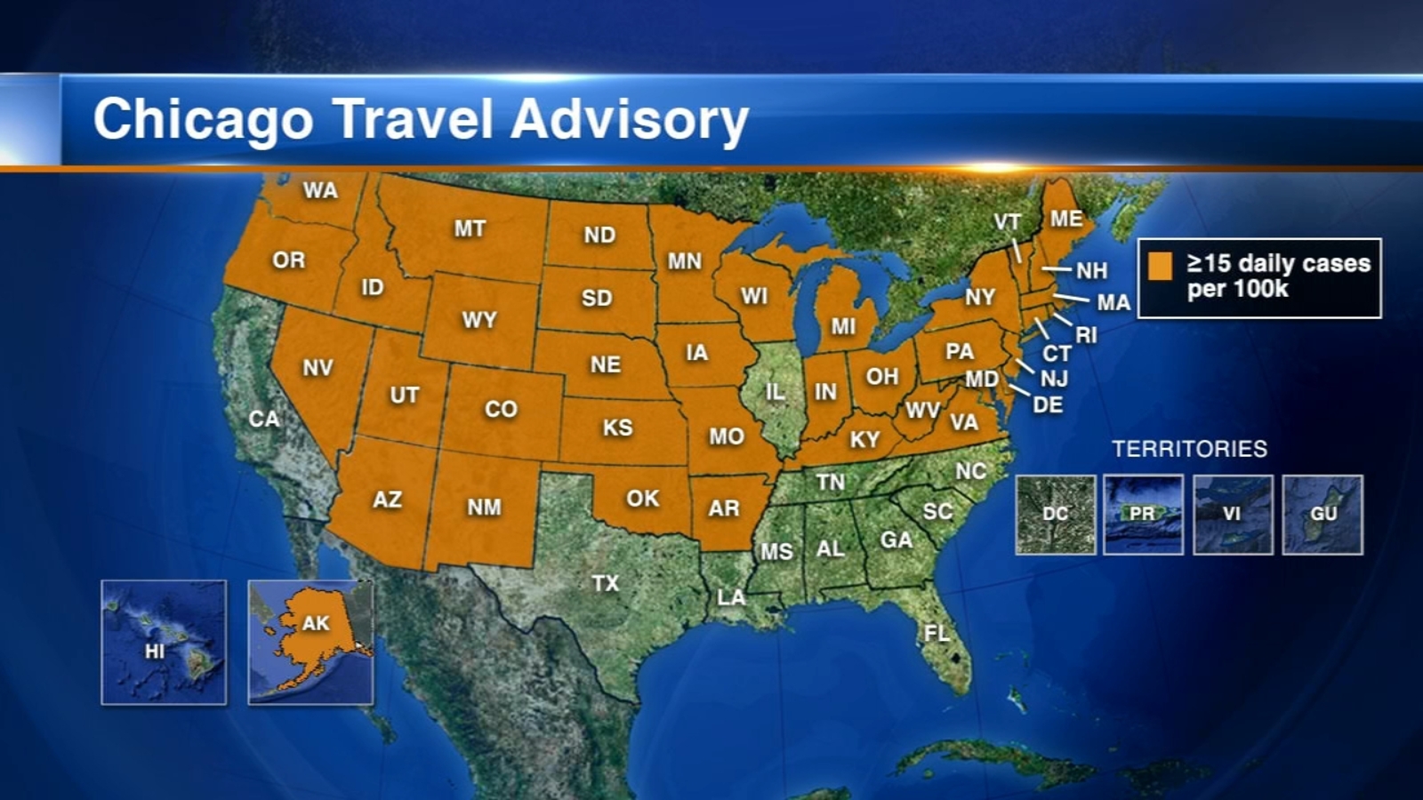 Illinois travel restrictions Chicago advisory at 38 states, California
