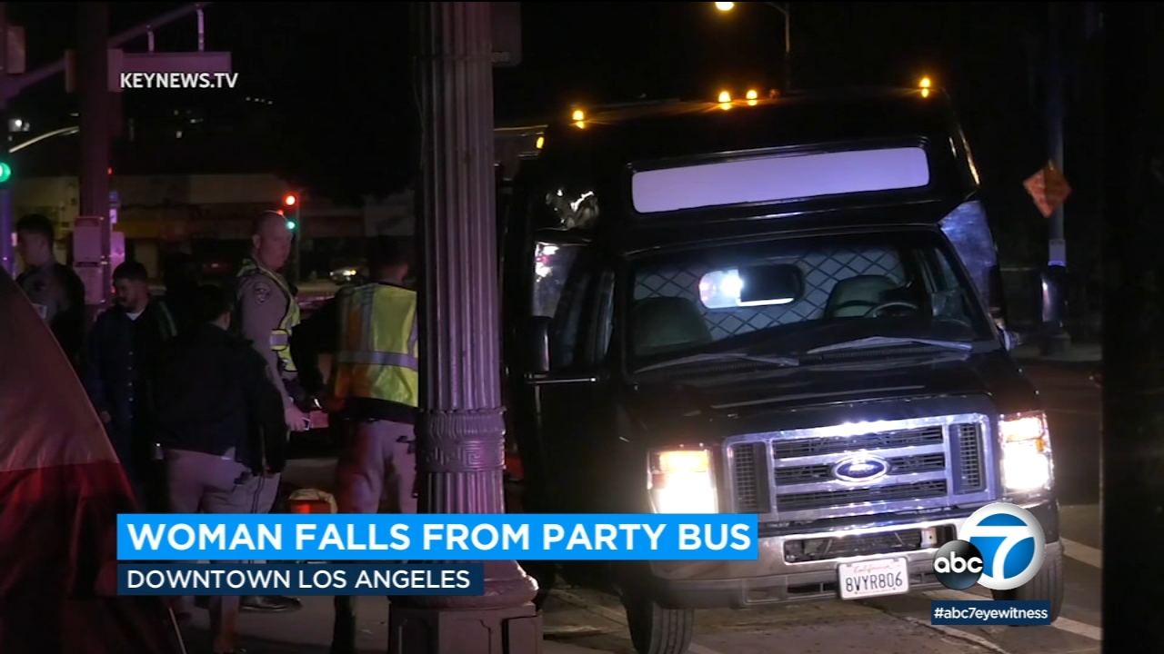 Woman dies after falling from party bus on freeway in downtown LA