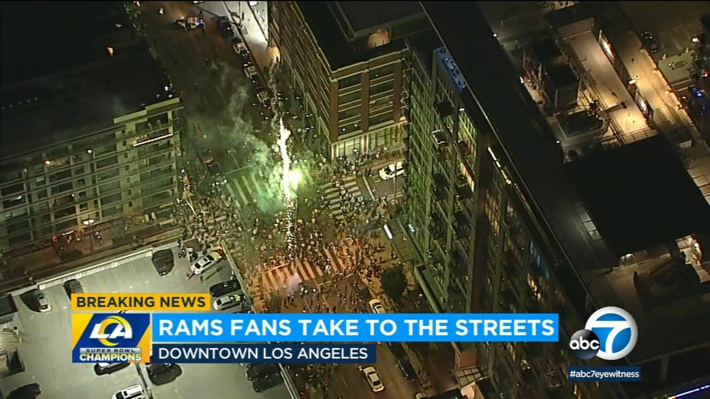 Rams fans take to streets in downtown LA to celebrate Super Bowl win
