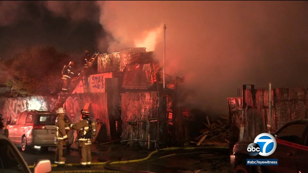 Firefighters battle large pallet yard fire in South Los Angeles