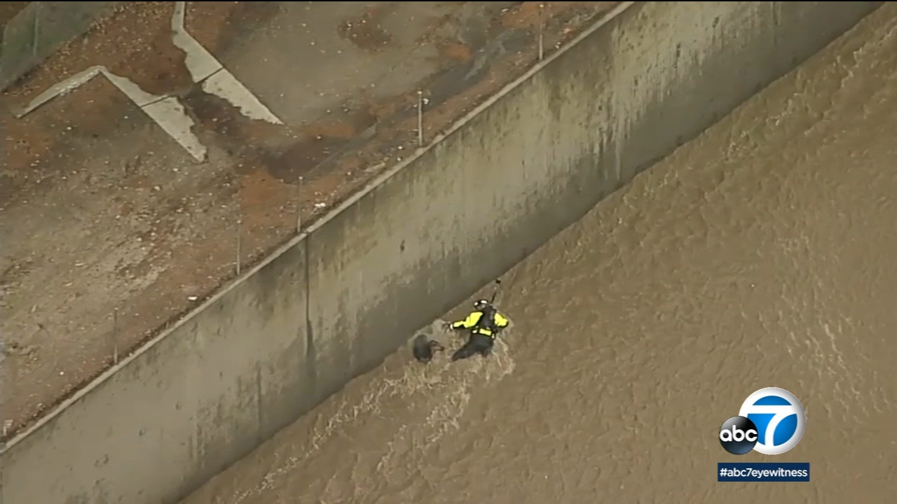 2 people, dog rescued from rain-swollen LA River