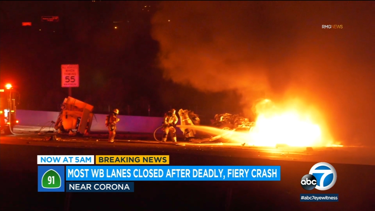 Most WB 91 Freeway lanes closed after deadly, fiery crash near Corona