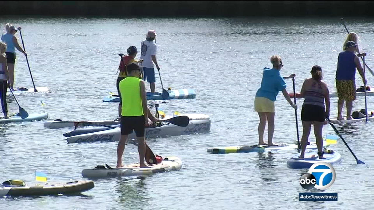 Surfers gather in Long Beach for 'Paddle For Peace' supporting Ukraine