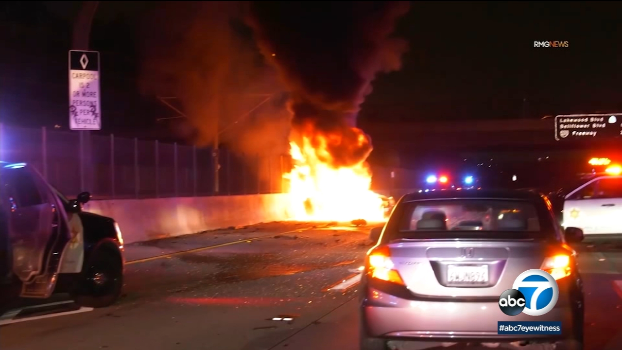 3 CHP officers injured in fiery crash on 105 Freeway in Paramount