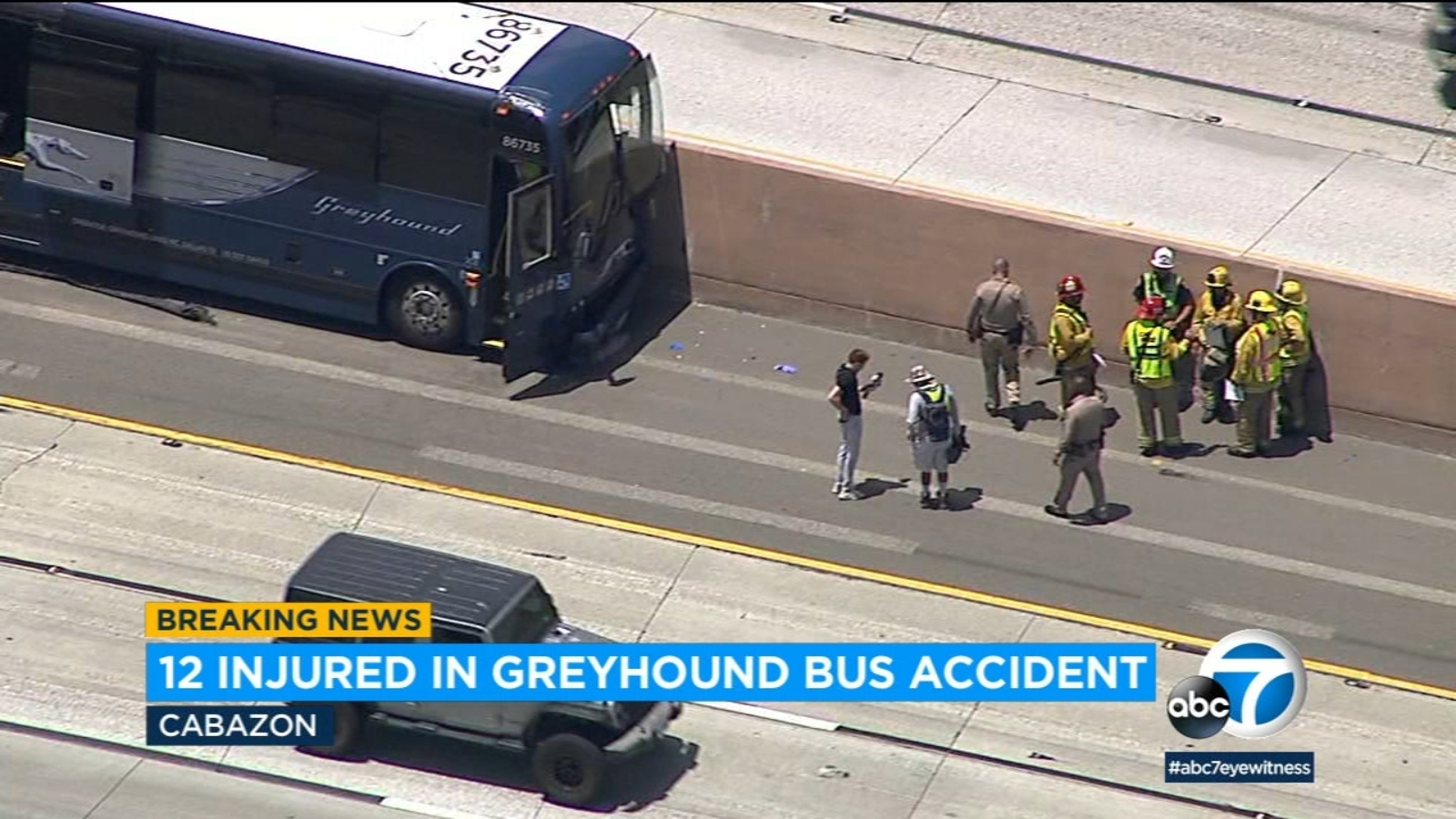 Greyhound bus crash on 10 freeway near Cabazon sends 13 people to the
