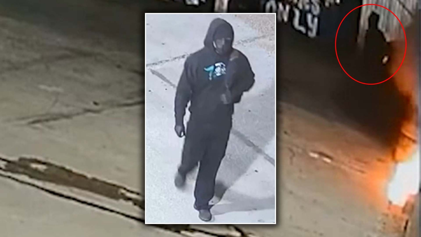 Surveillance video shows suspect igniting flammable liquid at Fast
