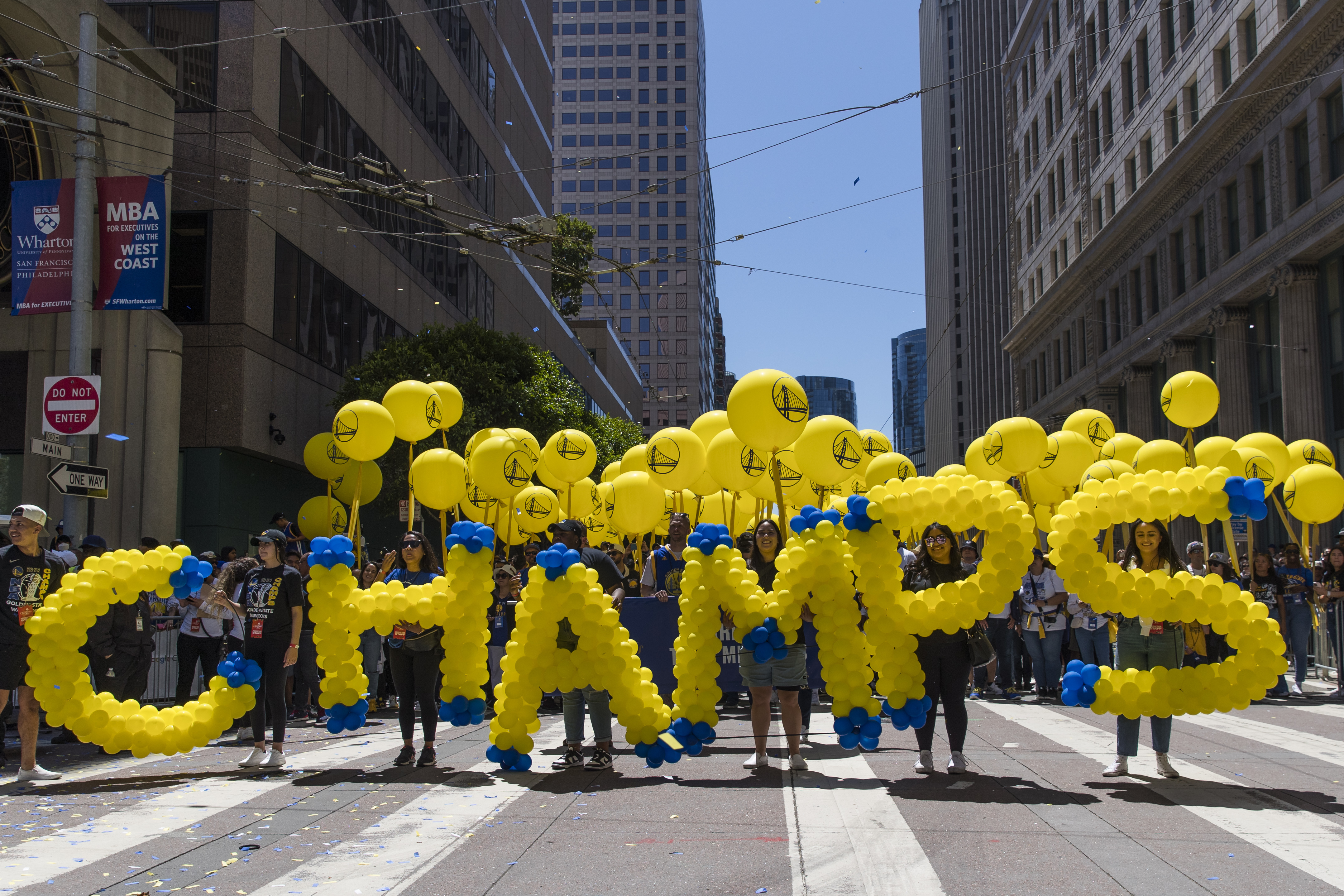 Balloon spelling 'Champs' are carried during the Golden State Warriors' NBA Championship parade in San Francisco, Monday, June 20, 2022, in San Francisco.