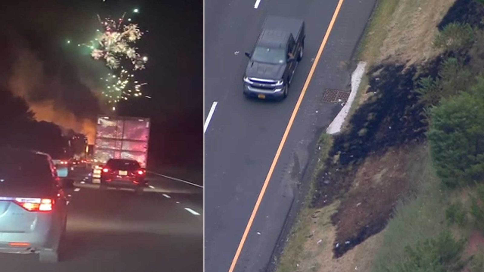 Truck carrying fireworks crashes and burns on I287 in Bridgewater