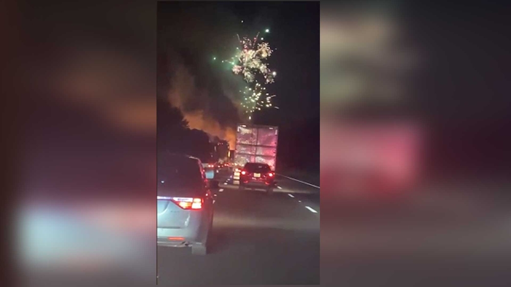 Raw video: Fireworks truck crashes and burns