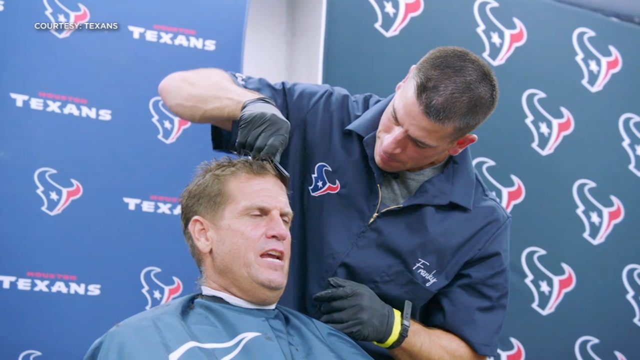 Texans Special Team Coach cuts hair in the community and the field. 