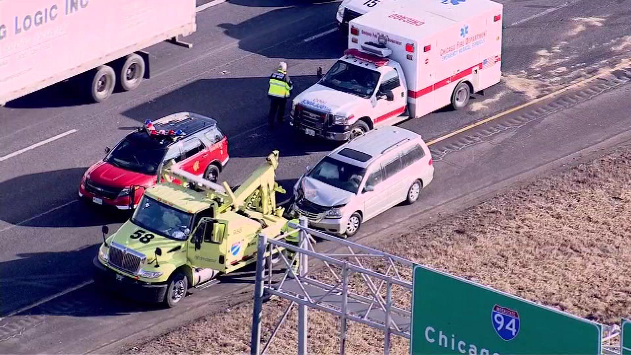 Up to nine people, including several children, were hurt in a crash involving three vehicles on outbound I-57 near Halsted Street Monday morning.