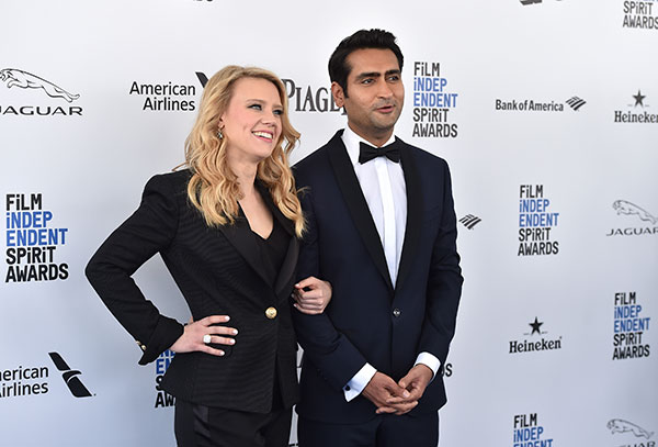 Hosts Kate McKinnon, left, and Kumail Nanjiani arrive at the Film Independent Spirit Awards on Saturday in Santa Monica, Calif.