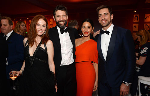 Julianne Moore, from left, Bart Freundlich, Olivia Munn, and Aaron Rodgers attend the Governors Ball after the Oscars on Sunday, Feb. 28, 2016.