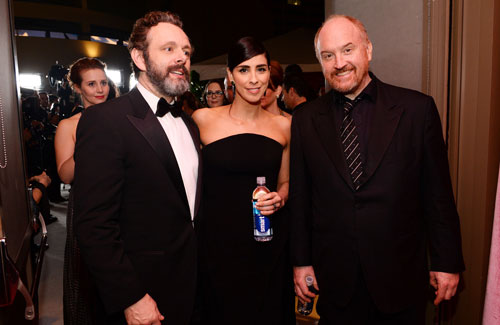 Michael Sheen, from left, Sarah Silverman, and Louis C.K. attend the Governors Ball after the Oscars on Sunday, Feb. 28, 2016, at the Dolby Theatre in Los Angeles.