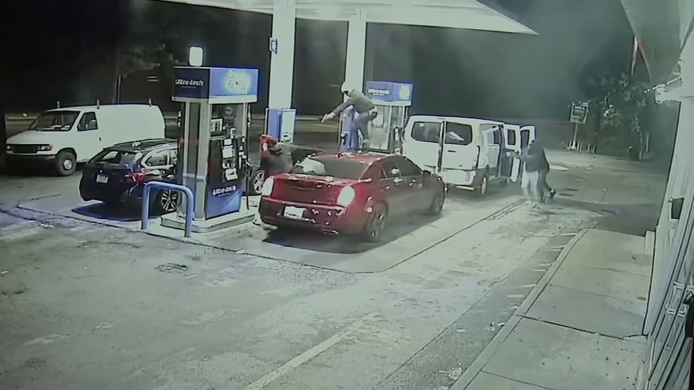 Group seen on video jumping from van, stealing car at gunpoint