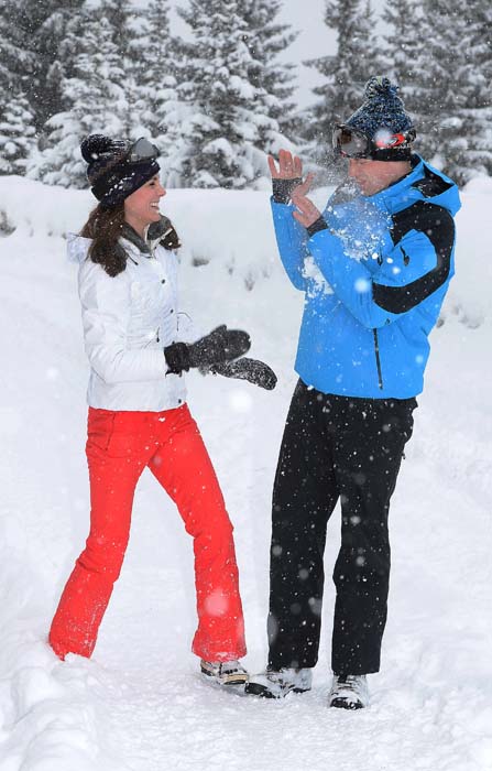 Prince William and Kate Duchess of Cambridge enjoy a snow ball fight as they enjoy a short private break skiing in the French Alps