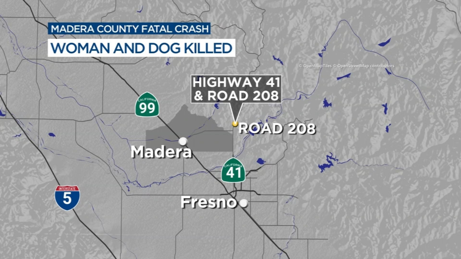 Woman and dog killed, 3 men hospitalized after crash in Madera County