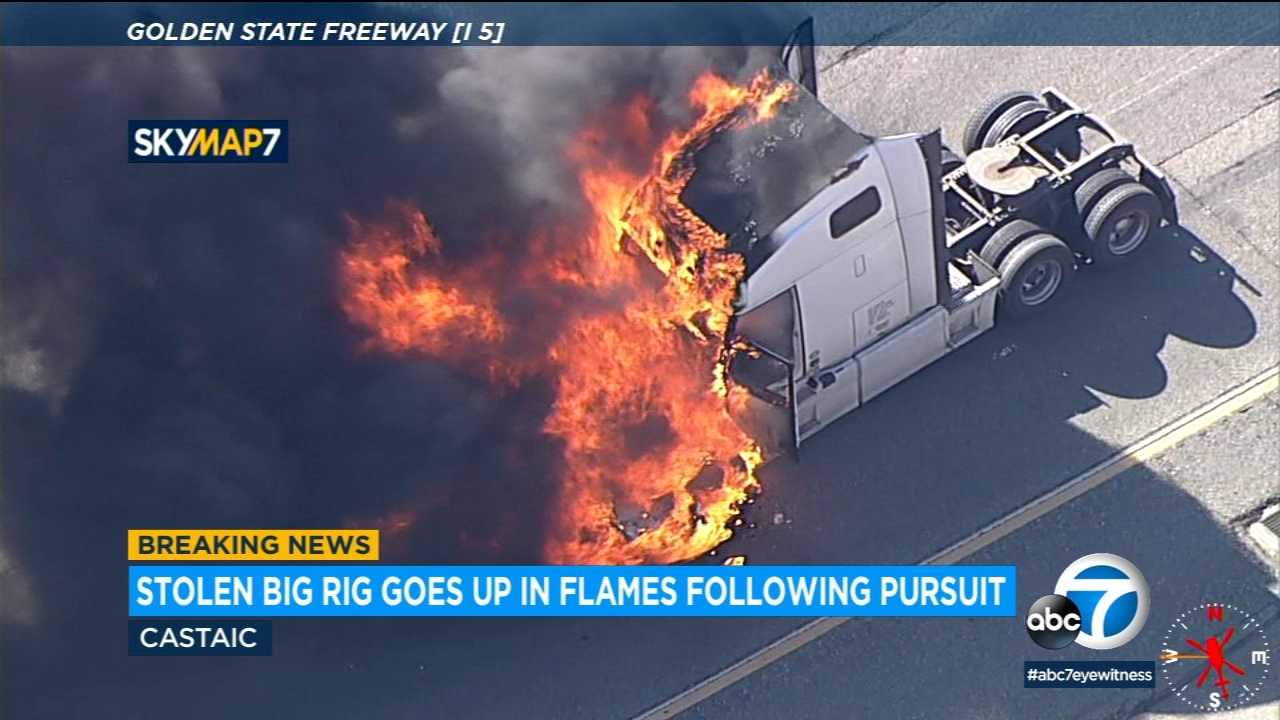 Stolen big rig engulfed in flames on 5 Freeway after CHP chase