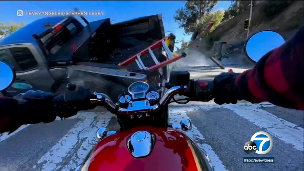 Stolen car slams truck, sends it crashing into Malibu motorcyclist