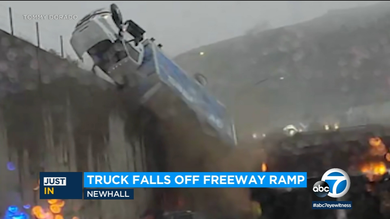 Video shows box truck tumble over side of road in Santa Clarita