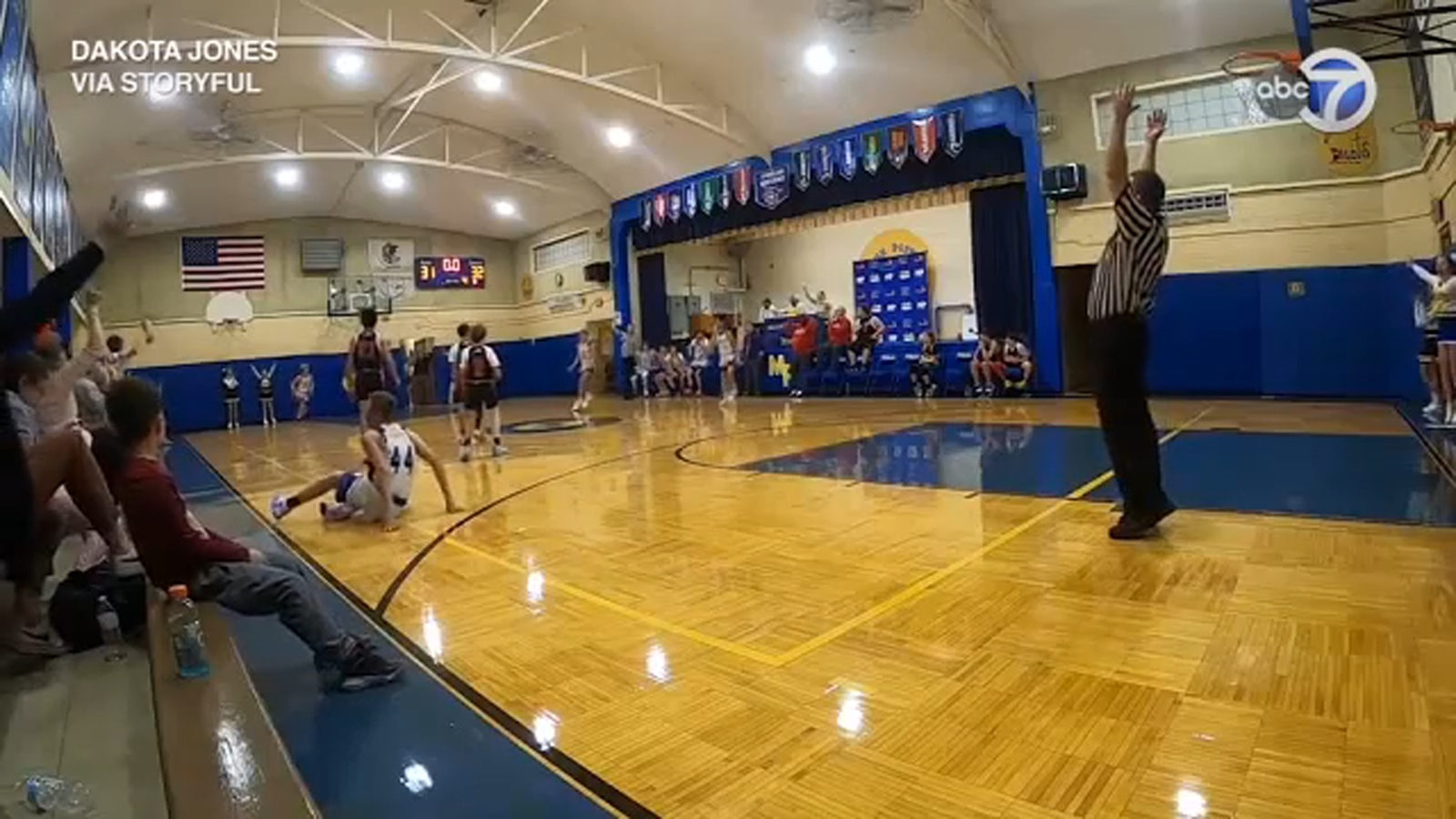 Milton Pope School 8th grader Cooper Thorson makes near full court Milton Pope School 8th grader Cooper Thorson makes near full court
