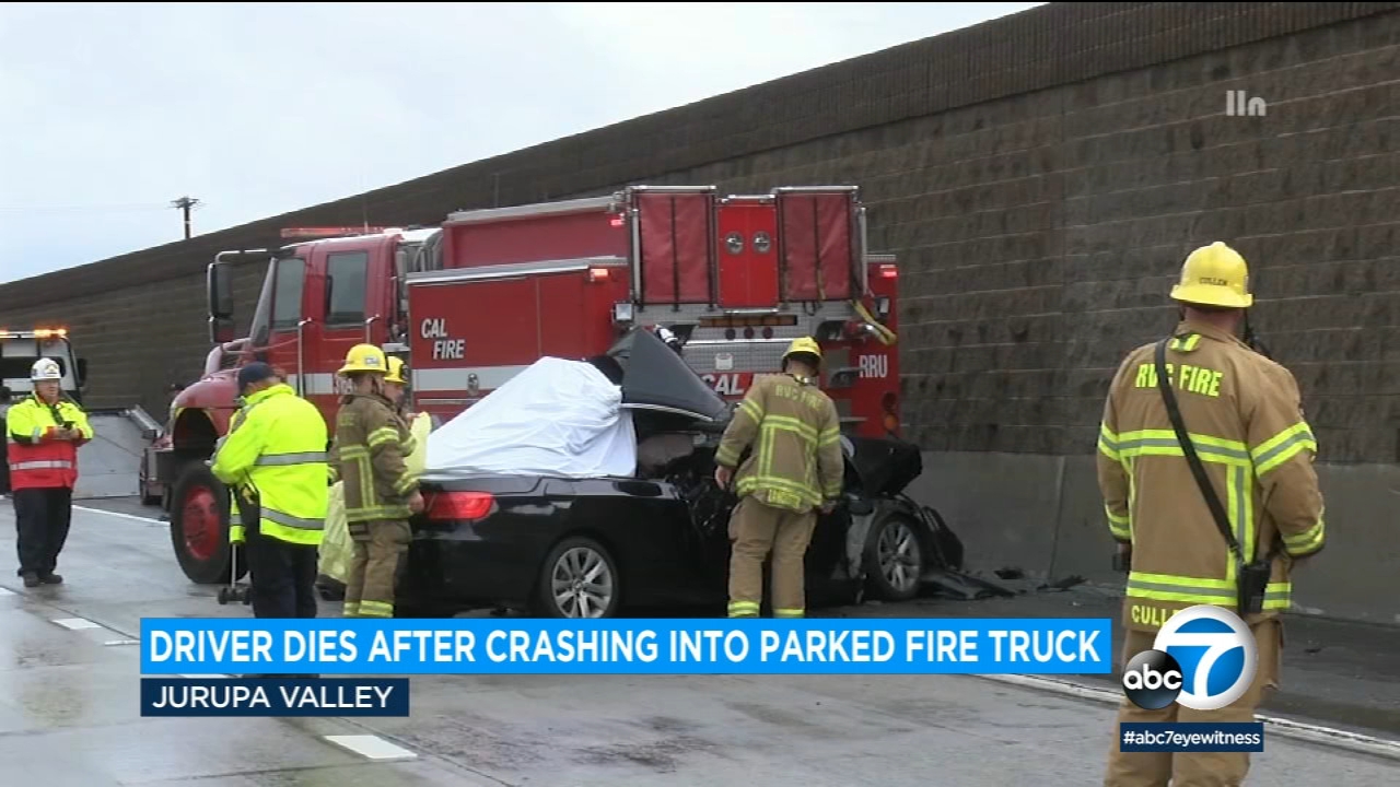 Driver dies after crashing into back of fire truck in Jurupa Valley