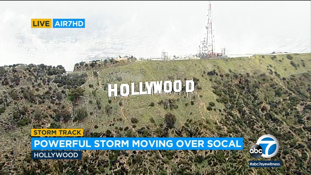 Light dusting of snow sprinkles across Hollywood sign