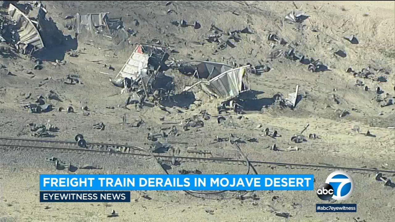 Train with 55 cars derails in Mojave Desert