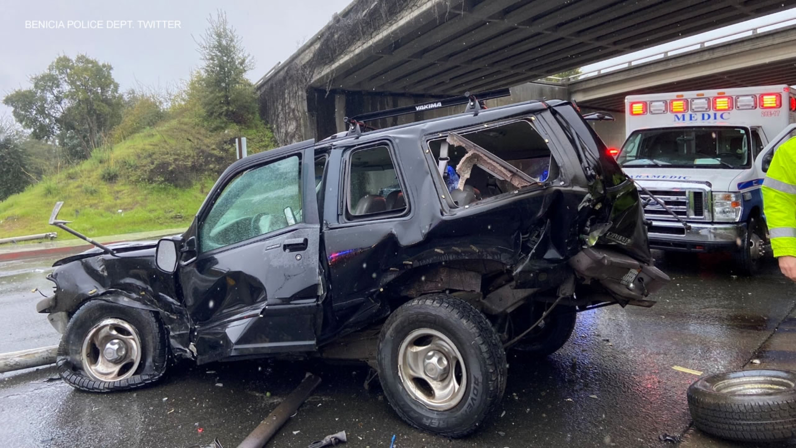 Bay Area live storm updates Car flies off highway overpass in Benicia