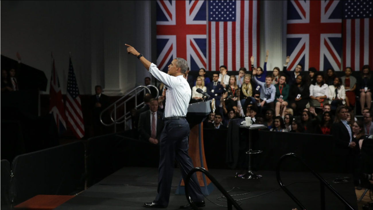 U.S. President Barack Obama takes a question as he speaks to a town hall meeting with an audience from the U.S. Embassy's Young Leaders UK program in London, Saturday, April 23, 2016.