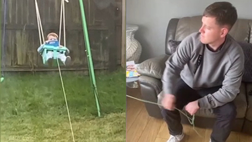 Parenting hack: Dad rigs rope to pull son's backyard swing from sofa