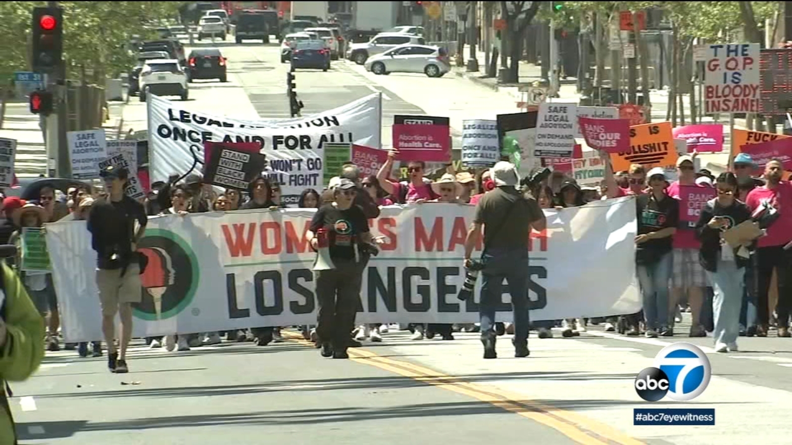 Protesters march through downtown LA in opposition to possible abortion drug ban VP Harris speaks