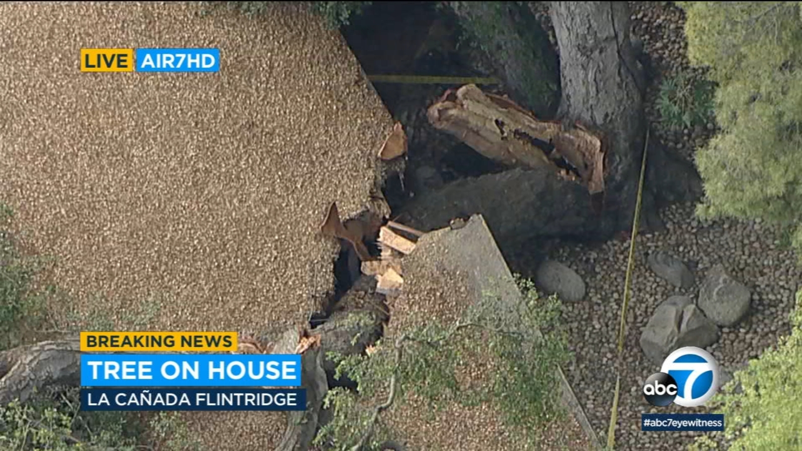 Large tree branch falls on home in La Cañada Flintridge, slices portion