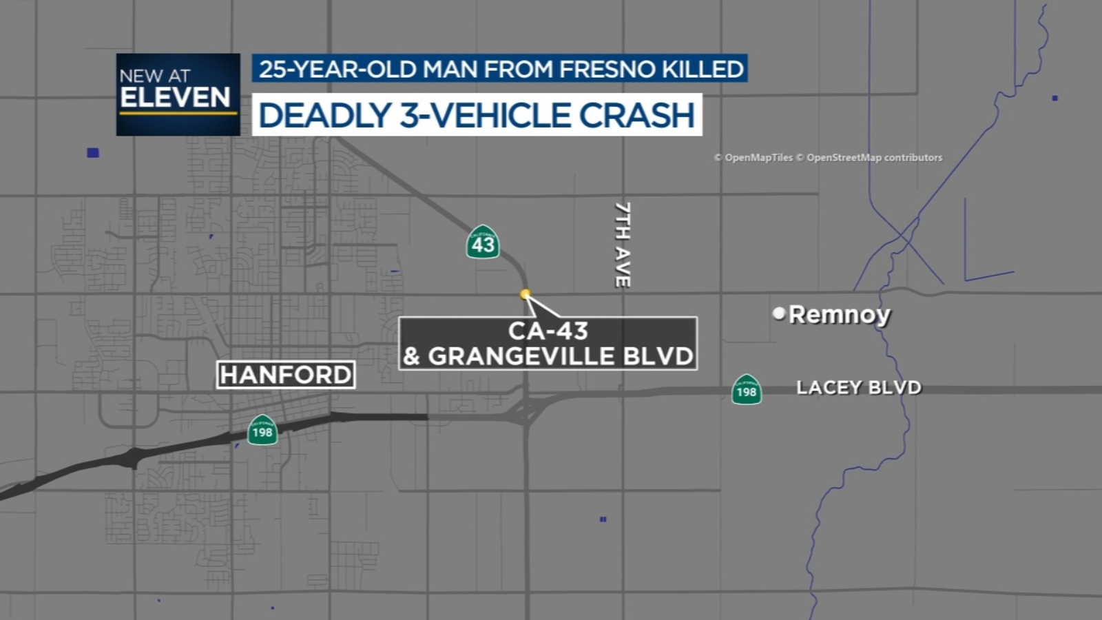 Fresno man killed in 3-vehicle crash near Hanford - ABC30 Fresno