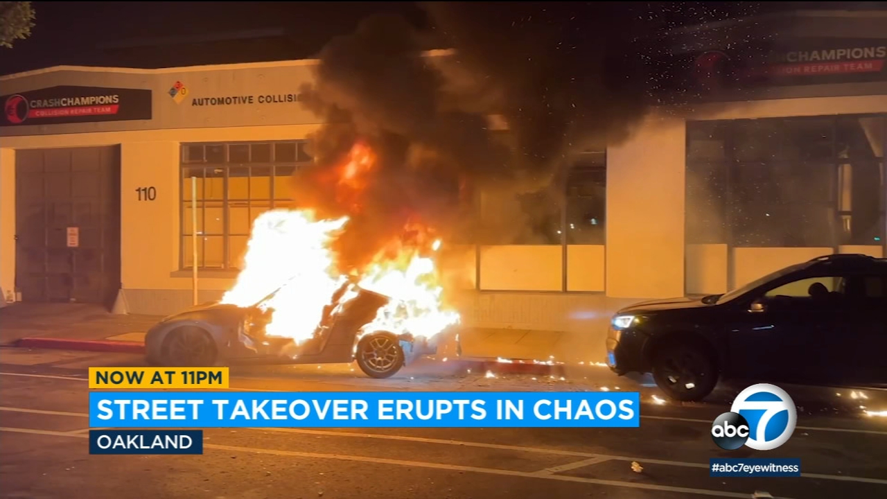 Video shows illegal Oakland street takeover with cars on fire