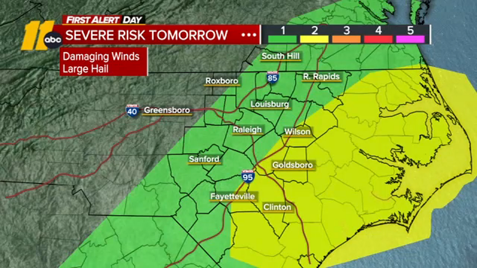 Raleigh severe NC weather risk tomorrow afternoon, greater risk east of